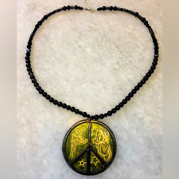 Peace Handcrafted Brass/Copper mixed metal on gemstone beaded necklace 20-22β - Picture 4 of 16